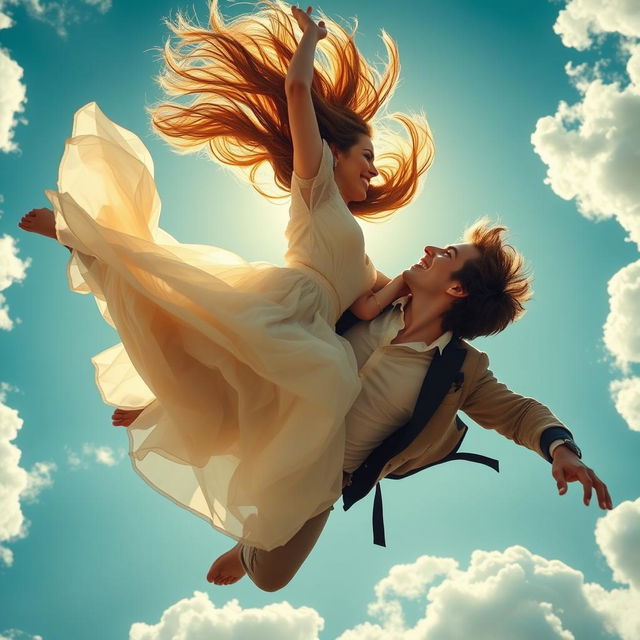 A beautiful woman with long flowing hair and a radiant smile, wearing a delicate, flowing dress, and a handsome man with a charming smile and tousled hair, dressed in a stylish outfit, are captured mid-air in a passionate kiss as they fall gracefully from a bright blue sky