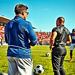 Two football coaches discussing strategies on a vibrant football pitch
