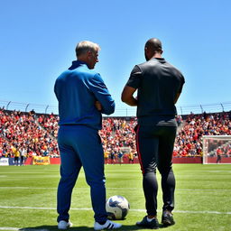 Two football coaches discussing strategies on a vibrant football pitch