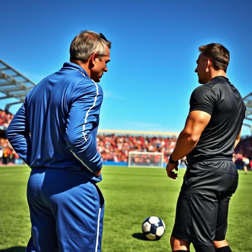 Two football coaches discussing strategies on a vibrant football pitch