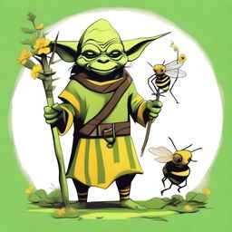 A high-quality digital art image depicting a goblin druid with a bee companion