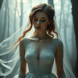 A dramatic scene depicting a delicate and surreal bride in an artistic interpretation, her dress intricately designed with lace and silk, flowing elegantly around her
