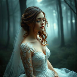 A dramatic scene depicting a delicate and surreal bride in an artistic interpretation, her dress intricately designed with lace and silk, flowing elegantly around her