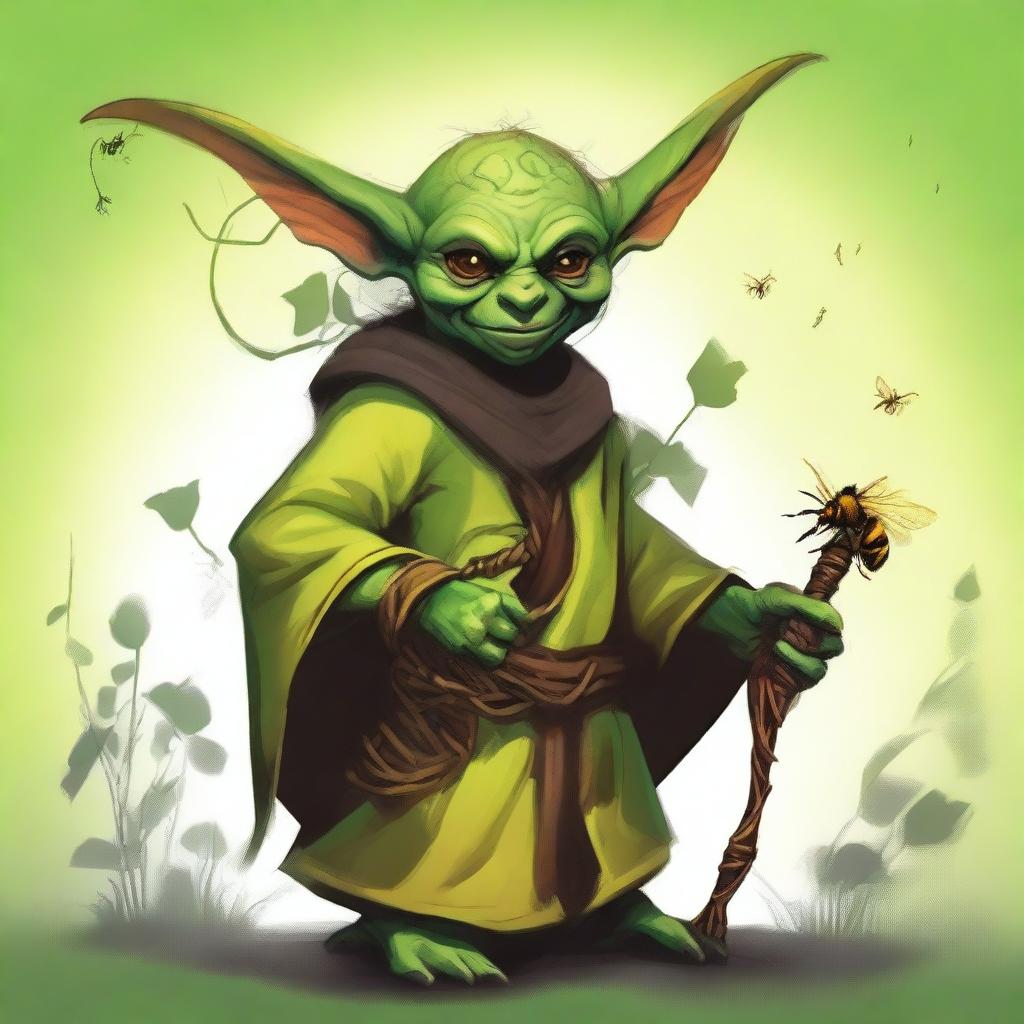 A high-quality digital art image depicting a goblin druid with a bee companion