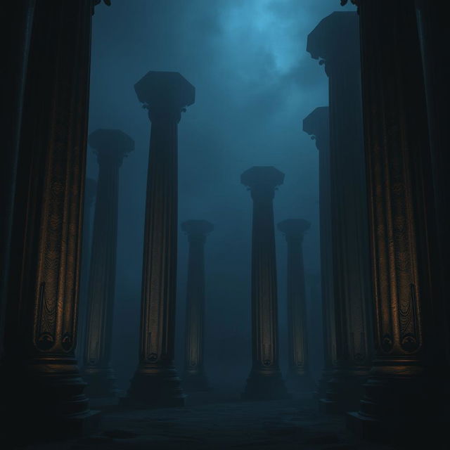 A dramatic and atmospheric scene featuring a frame with a background of towering, dark-themed pillars