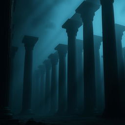 A dramatic and atmospheric scene featuring a frame with a background of towering, dark-themed pillars