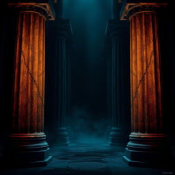 A dramatic and atmospheric scene featuring a frame with a background of towering, dark-themed pillars