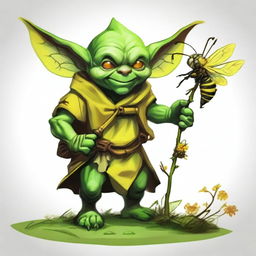 A high-quality digital art image depicting a goblin druid with a bee companion