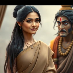A woman wearing a simple earth-toned sari, with her long dark hair tied up in a knot