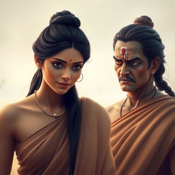 A woman wearing a simple earth-toned sari, with her long dark hair tied up in a knot