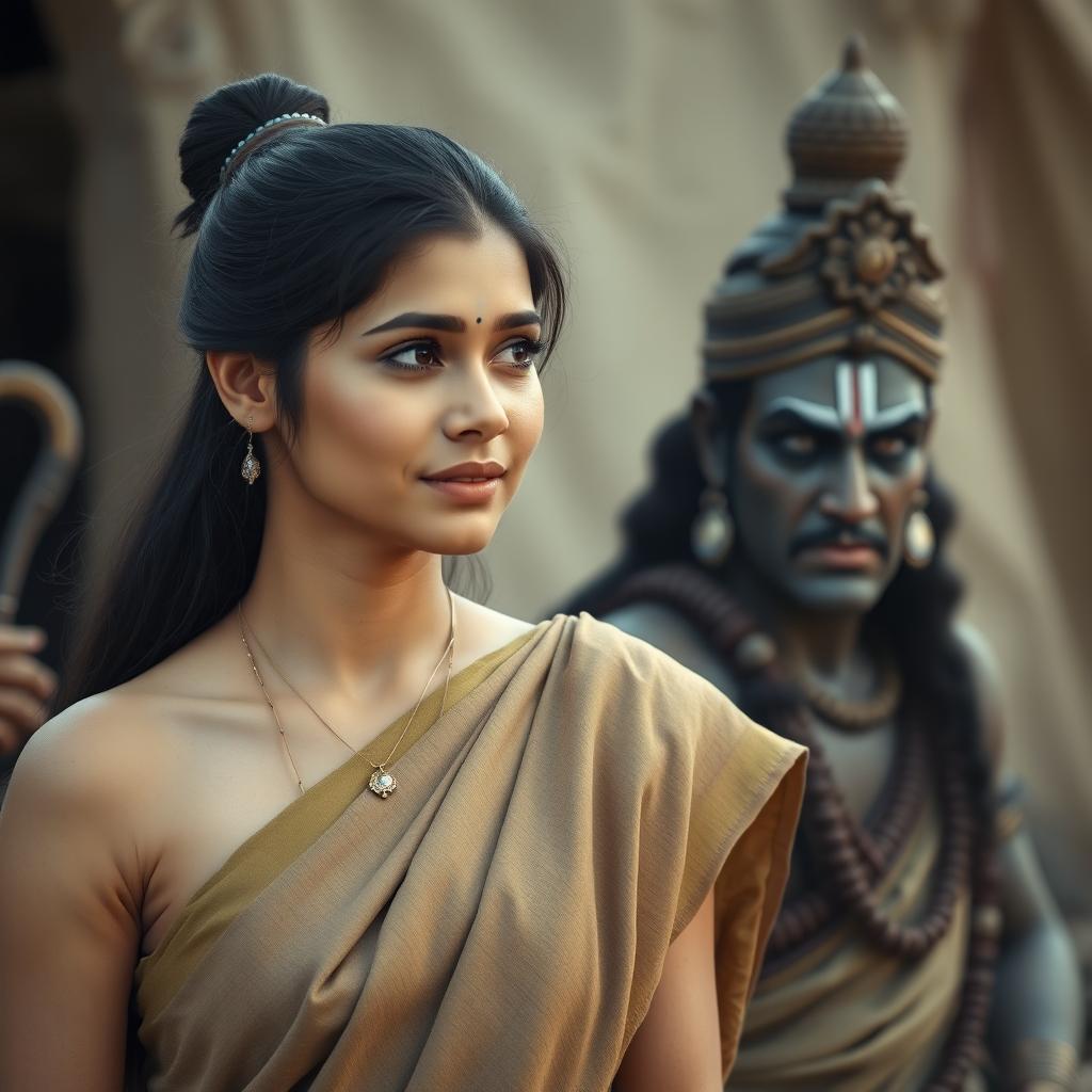 A woman wearing a simple earth-toned sari, with her long dark hair tied up in a knot