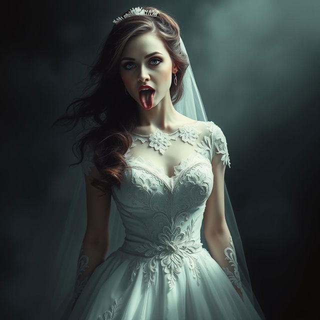 A hauntingly surreal depiction of a bride, dressed in a beautifully detailed wedding gown adorned with intricate lace, her expression evoking both elegance and tension