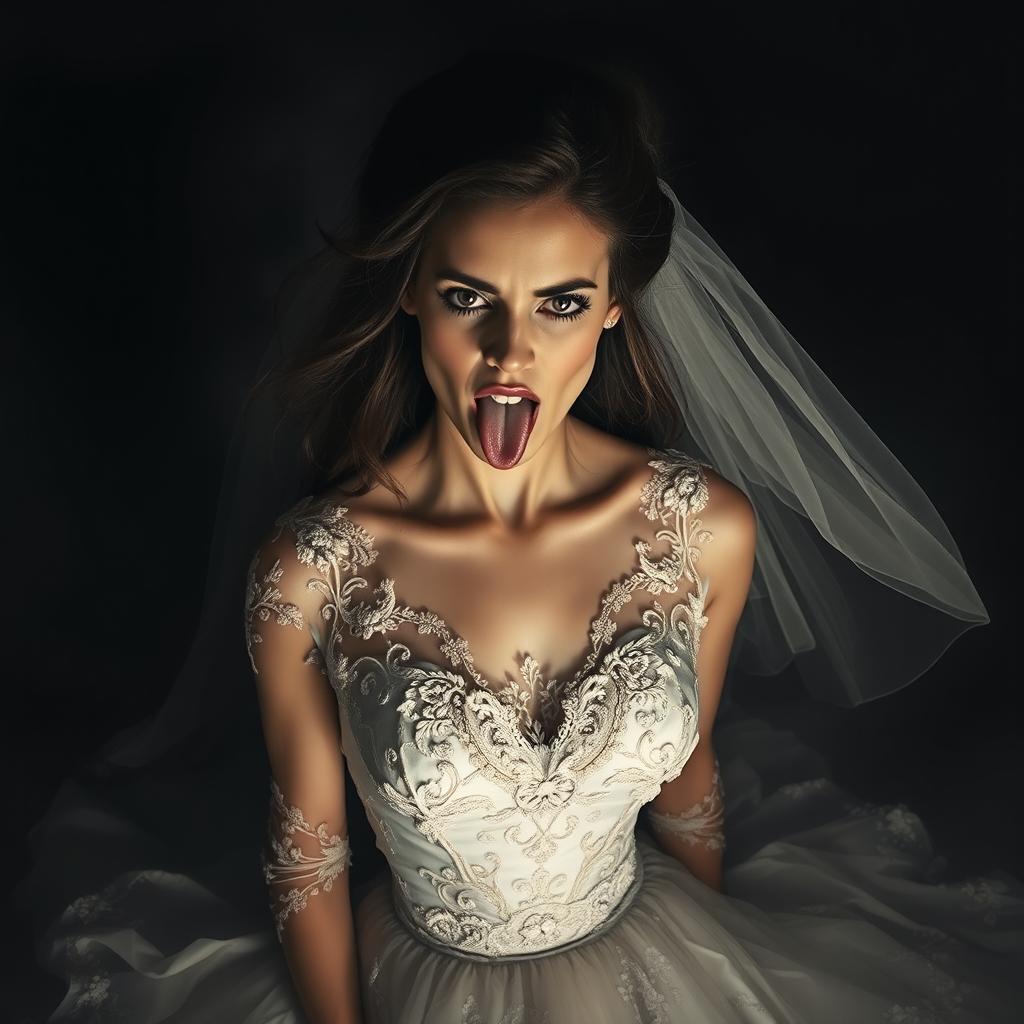 A hauntingly surreal depiction of a bride, dressed in a beautifully detailed wedding gown adorned with intricate lace, her expression evoking both elegance and tension