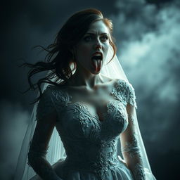 A hauntingly surreal depiction of a bride, dressed in a beautifully detailed wedding gown adorned with intricate lace, her expression evoking both elegance and tension