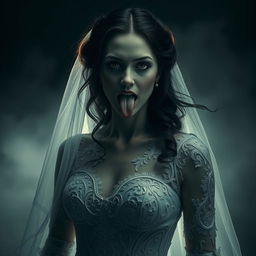 A hauntingly surreal depiction of a bride, dressed in a beautifully detailed wedding gown adorned with intricate lace, her expression evoking both elegance and tension