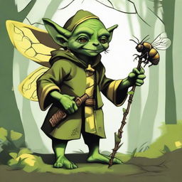 A high-quality digital art image depicting a goblin druid with a bee companion