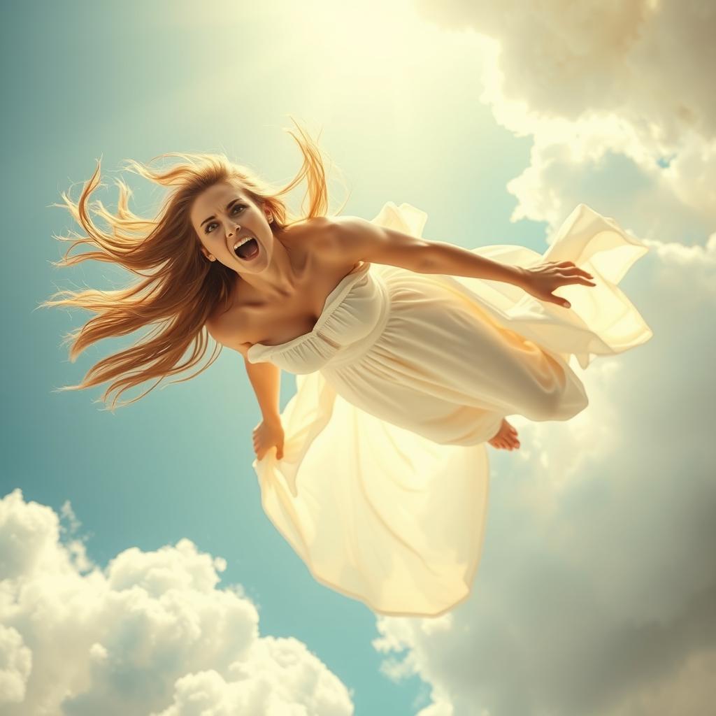 A beautiful woman falling from the sky, her long flowing hair fluttering in the wind, a terrified expression on her face as she descends through fluffy white clouds