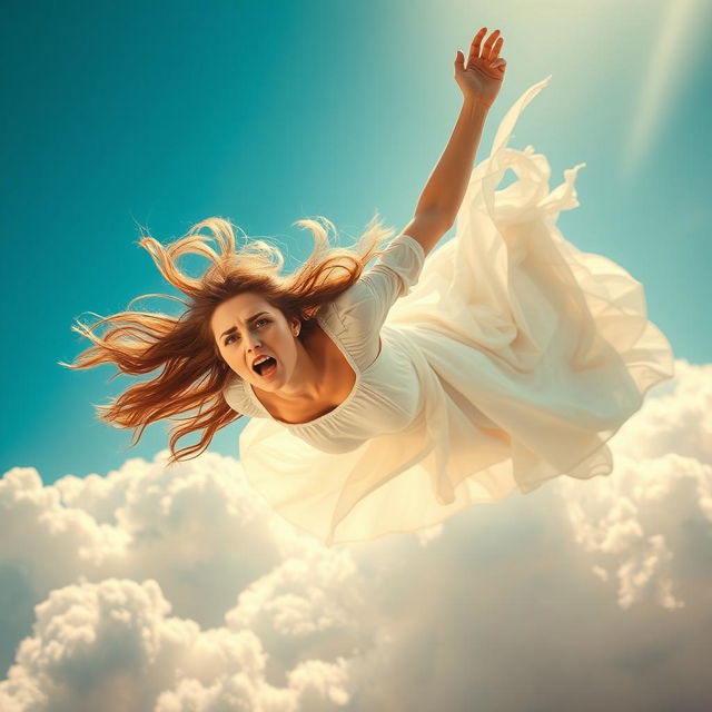 A beautiful woman falling from the sky, her long flowing hair fluttering in the wind, a terrified expression on her face as she descends through fluffy white clouds