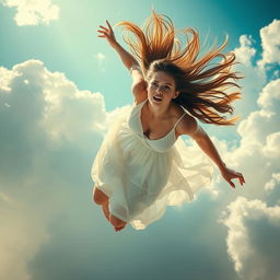 A beautiful woman falling from the sky, her long flowing hair fluttering in the wind, a terrified expression on her face as she descends through fluffy white clouds