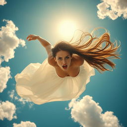 A stunning woman with long flowing hair falling gracefully from a bright blue sky, her face displaying a mixture of beauty and fear