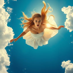 A stunning woman with long flowing hair falling gracefully from a bright blue sky, her face displaying a mixture of beauty and fear