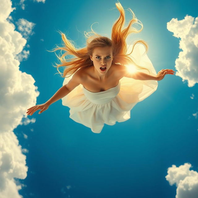 A stunning woman with long flowing hair falling gracefully from a bright blue sky, her face displaying a mixture of beauty and fear