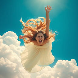 A stunning woman with long flowing hair falling gracefully from a bright blue sky, her face displaying a mixture of beauty and fear