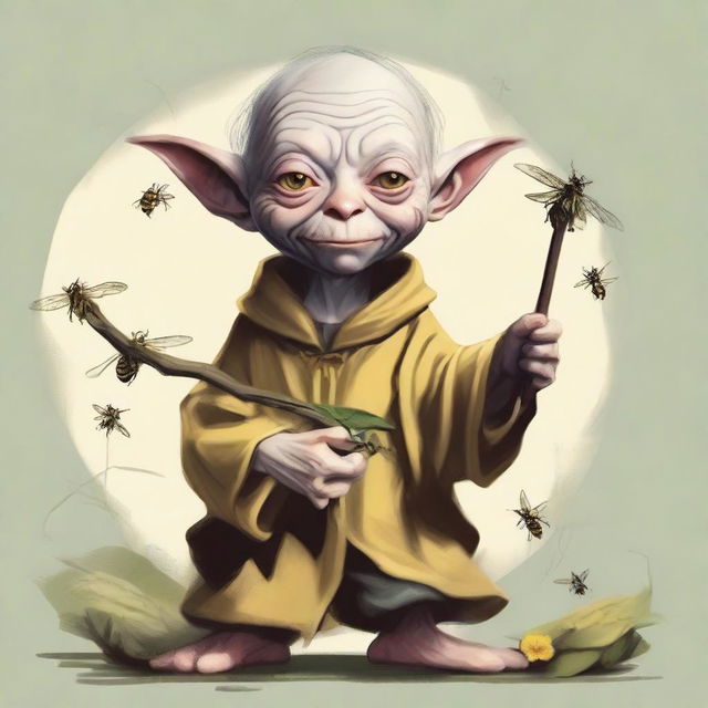 A high-quality digital art image portraying Gollum as a druid with a bee companion