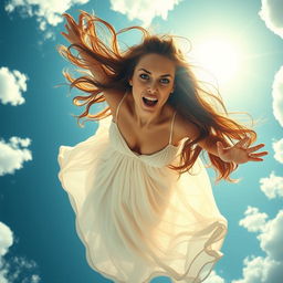 A stunning woman with long flowing hair falling gracefully from a bright blue sky, her face displaying a mixture of beauty and fear