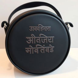 A stylish, round black bag featuring elegant Marathi calligraphy text