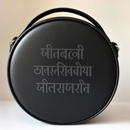 A stylish, round black bag featuring elegant Marathi calligraphy text