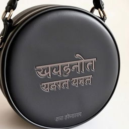 A stylish, round black bag featuring elegant Marathi calligraphy text