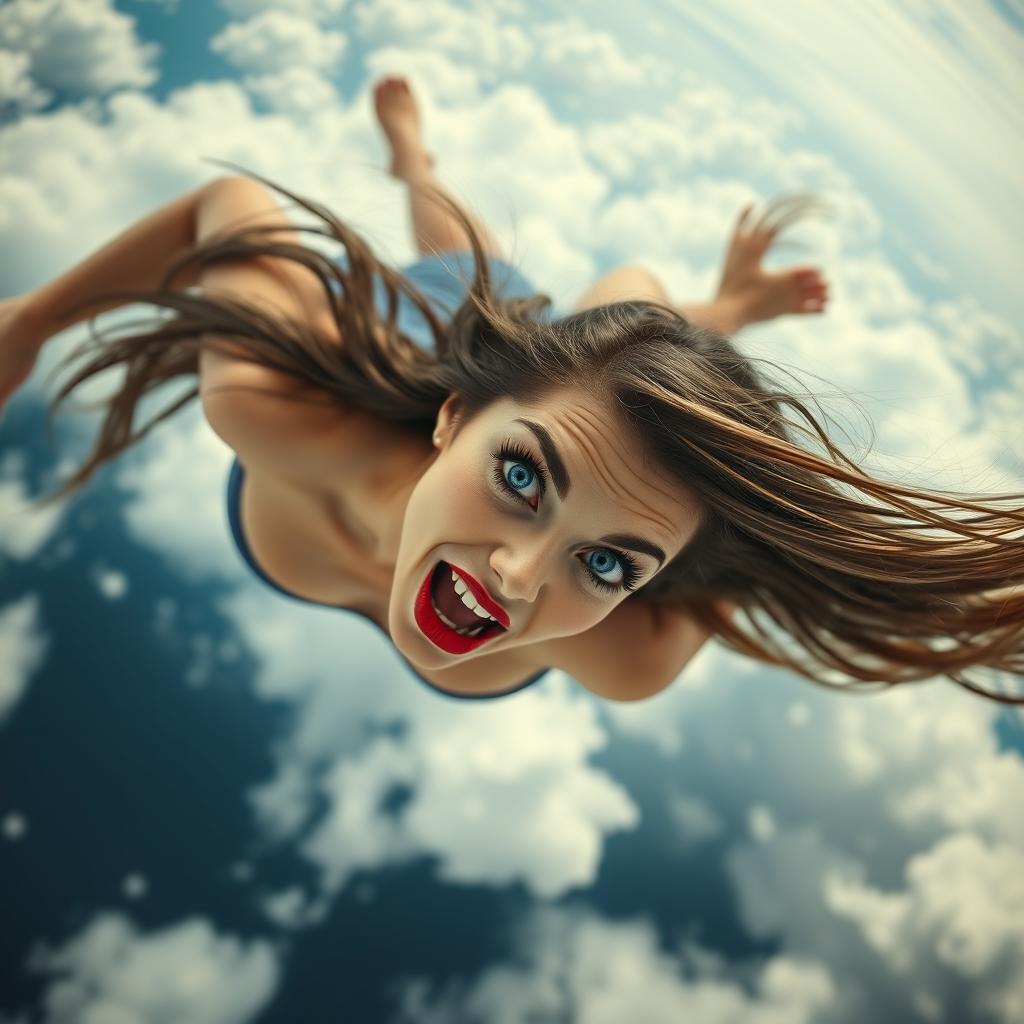 A stunningly beautiful woman with striking blue eyes and vibrant red lips, suspended in mid-air, falling from a cloudy sky