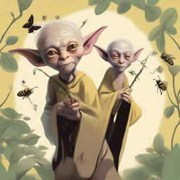 A high-quality digital art image portraying Gollum as a druid with a bee companion