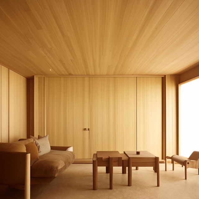 A minimalist room filled with tastefully placed wooden furniture, bathed in soft, natural light