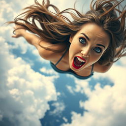 A stunningly beautiful woman with striking blue eyes and vibrant red lips, suspended in mid-air, falling from a cloudy sky