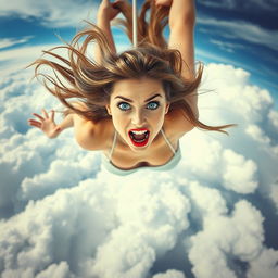 A stunningly beautiful woman with striking blue eyes and vibrant red lips, suspended in mid-air, falling from a cloudy sky