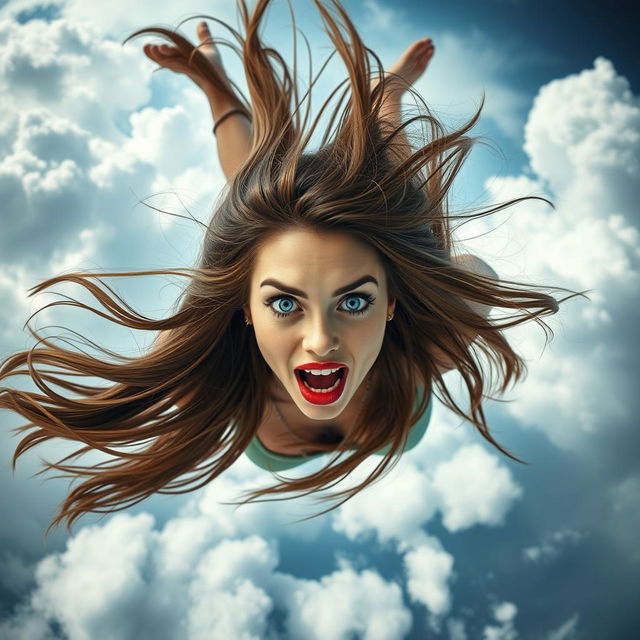 A stunningly beautiful woman with striking blue eyes and vibrant red lips, suspended in mid-air, falling from a cloudy sky