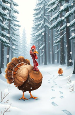 A whimsical scene depicting a turkey with a puzzled expression, wandering through a snowy forest in search of a lost chicken