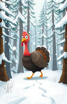 A whimsical scene depicting a turkey with a puzzled expression, wandering through a snowy forest in search of a lost chicken