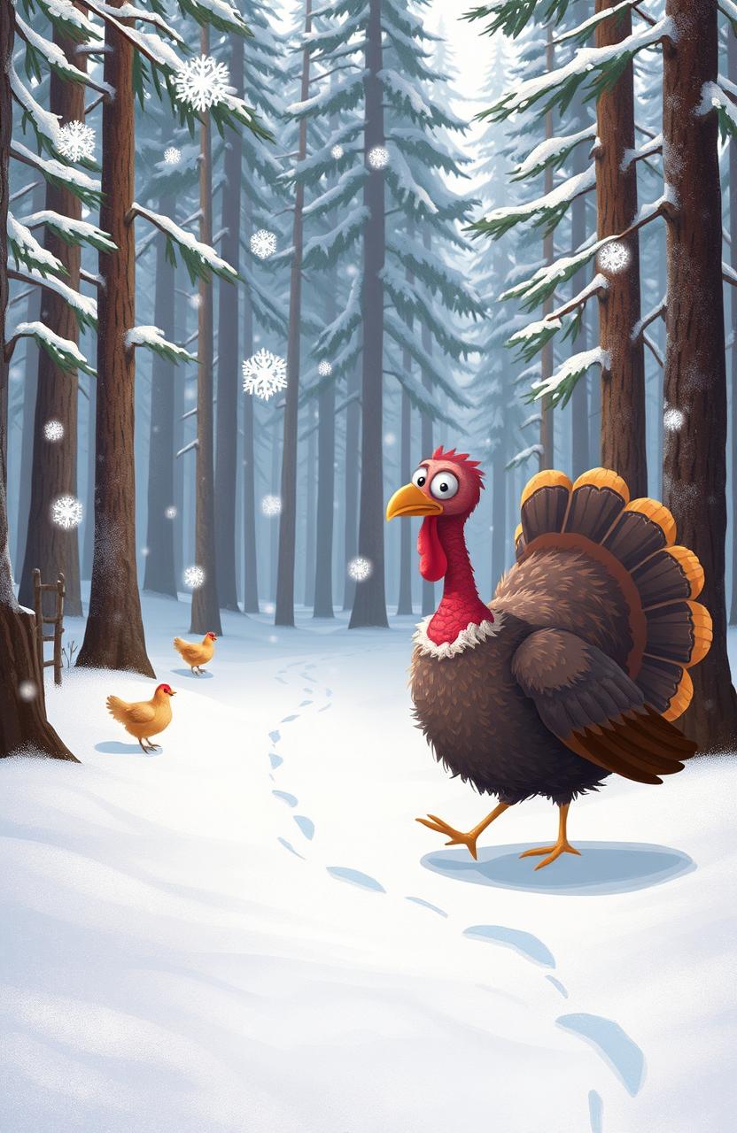 A whimsical scene depicting a turkey with a puzzled expression, wandering through a snowy forest in search of a lost chicken