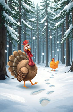 A whimsical scene depicting a turkey with a puzzled expression, wandering through a snowy forest in search of a lost chicken