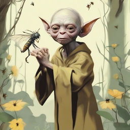 A high-quality digital art image portraying Gollum as a druid with a bee companion