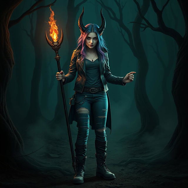 A female eladrin warlock standing in a dark, eerie forest at night, surrounded by twisted trees and fog