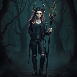 A female eladrin warlock standing in a dark, eerie forest at night, surrounded by twisted trees and fog