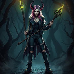 A female eladrin warlock standing in a dark, eerie forest at night, surrounded by twisted trees and fog