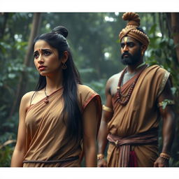 A scene depicting a woman wearing a simple old earth-toned sari, with long dark hair neatly tied up in a knot