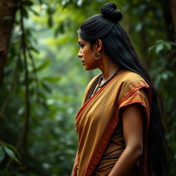 A scene depicting a woman wearing a simple old earth-toned sari, with long dark hair neatly tied up in a knot