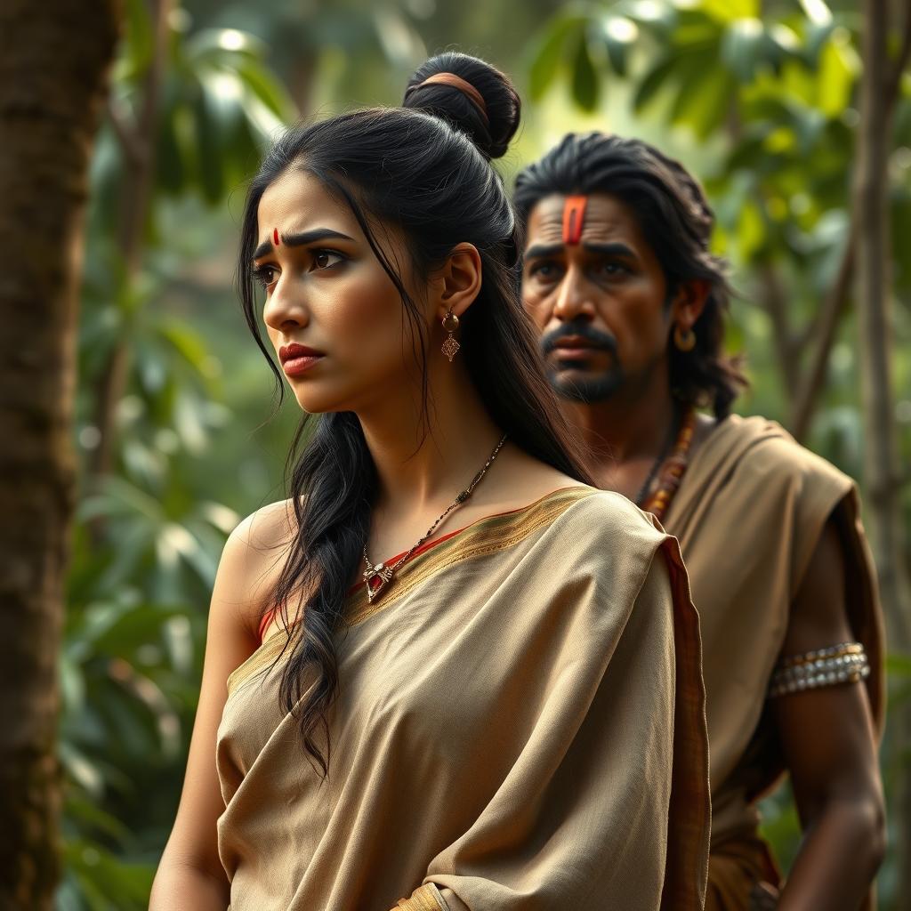 A scene depicting a woman wearing a simple old earth-toned sari, with long dark hair neatly tied up in a knot