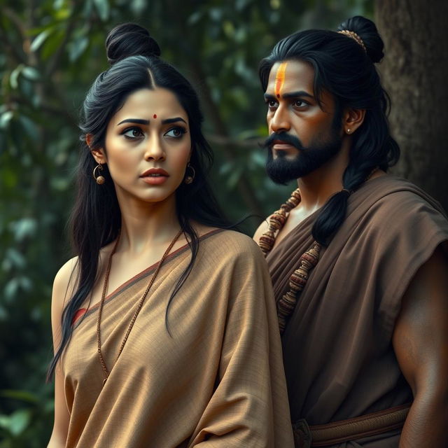 A scene depicting a woman wearing a simple old earth-toned sari, with long dark hair neatly tied up in a knot